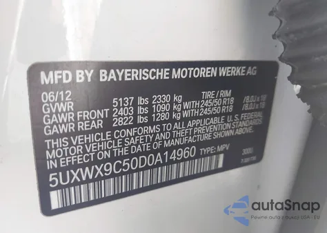 2013 BMW X3 xDrive28I z USA, uszkodzony, nr VIN 5UXWX9C50D0A14960